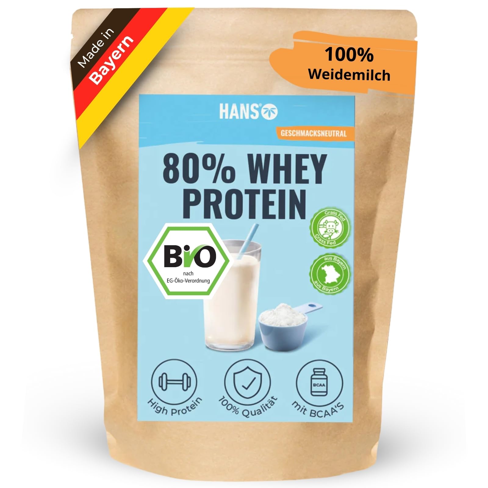 HANS Brainfood 80% Bio Whey Protein Pulver Neutral 1kg von Kühen aus Bayern ohne Zuckerzusatz - Eiweißpulver, Whey, Eiweiss Protein Pulver - 100% reines Bio Molke-Protein