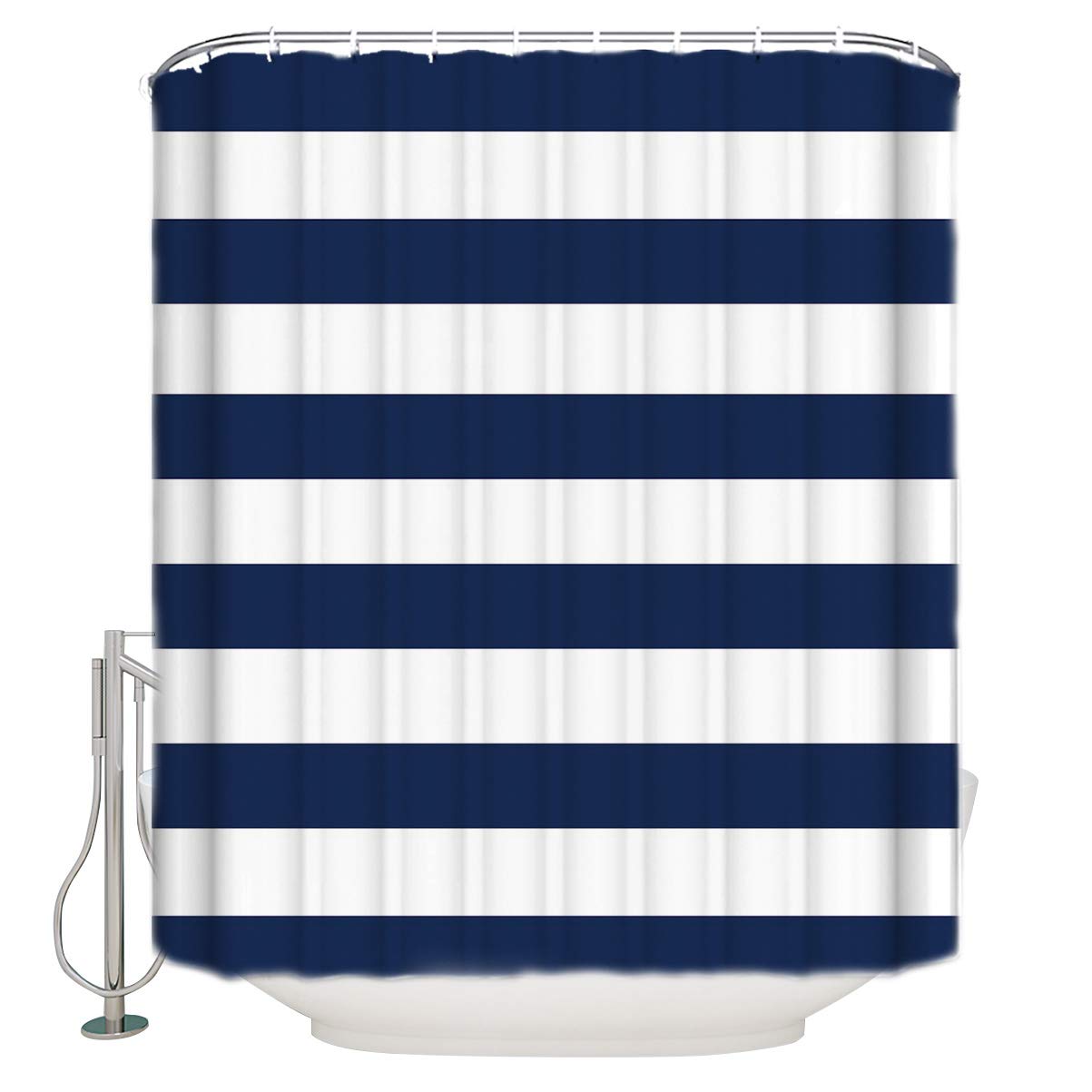 Victories Artwork Polyester Fabric Shower Curtains for Bathroom Sets,Navy Blue and White Stripe Pattern Bathroom Shower Decor with Hooks,Waterproof Machine Washable