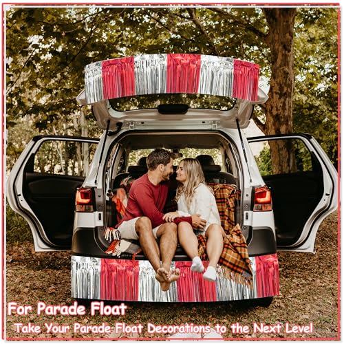 Image of 4 Pack 10 Feet Red Silver Foil Fringe Garland Metallic Tinsel Streamers Banner Fringe Curtain Banner for Parade Floats Wedding Graduation Homecoming Carnival Birthday Party Decorations (Red Silver)