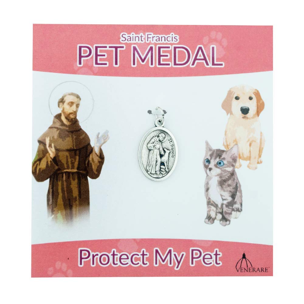 St. Francis Pet Medal | Small Oval Pet Collar Charm | A Great Gift for Pet Lovers | Comes with Different Colored Card | Christian Pet Goods (Pink Card)