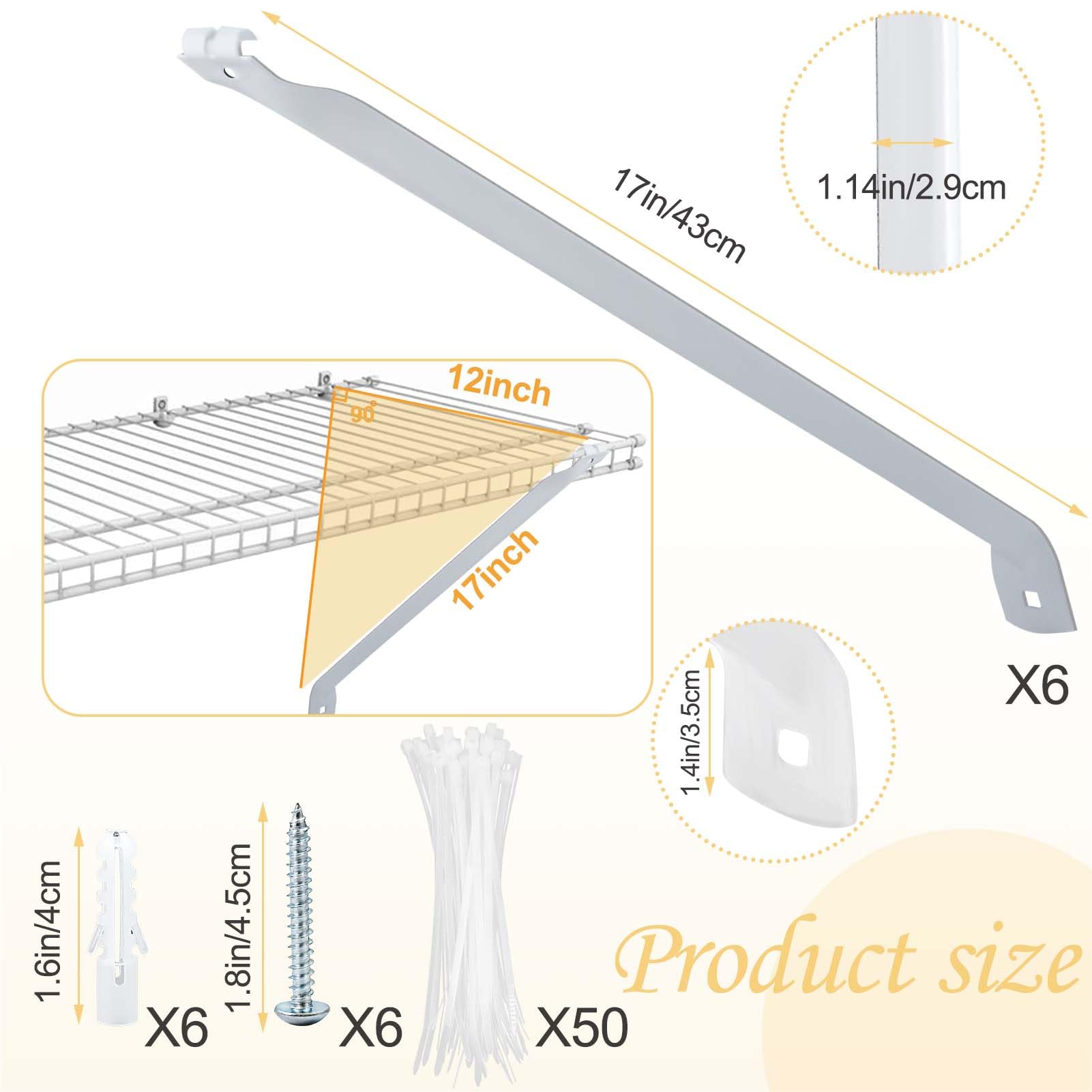 Paquete de 6 soportes de alambre de 12 pulgadas, soporte de metal blanco para armario con anclajes y tornillos, soporte oculto para estantes de pared, accesorios de estantería de armario de alambre