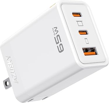 PD USB Charger, 65W GaN Type C Rapid Charger, Fast Charger, PD Compatible, 2 USB-C & USB A, 3 Ports, GaN Galium Nitride, Foldable Plug, PSE Technology Standard, Compatible with iPhone/Android/iPad/Macbook/Laptop, Other USB-C/USB-A Devices