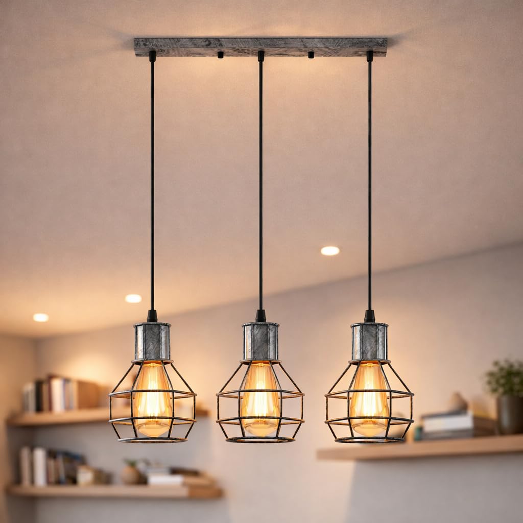 LEDSone Brushed Silver Industrial Pendant Lighting E27 Base Edison Metal Caged Vintage Hanging Pendant 3-Lights Rustic Pendant Light Fixture for Kitchen Dining Room Bar Hotel โ image 1