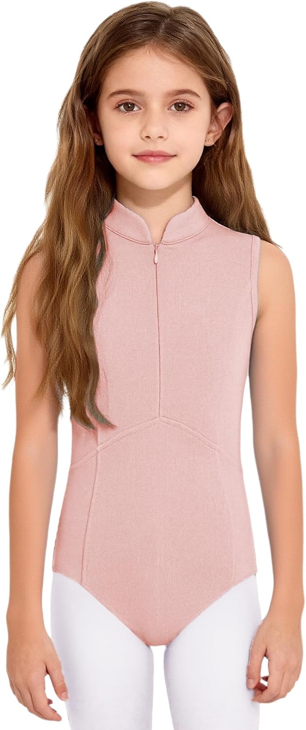 ACSUSS Kids Girls Sleeveless Turtleneck Ballet Gymnastics Leotard Zipper Front Mesh Back Tank Dance Bodysuit