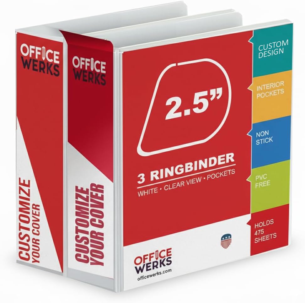 2.5 Inch 3 Ring Binder 2 Pack Angle D-Ring Holds 475 Sheets Professional Presentation for 8.5 x 11 with Pockets Clear View Customizable Cover PVC-Free Non-Stick White - Ring Binder Depot