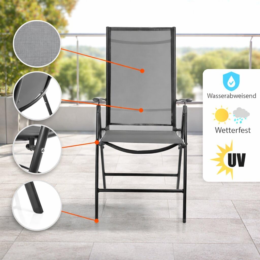 BigDean 4 Gartenstühle Hochlehner klappbar bis 120kg belastbar grau schwarz | 7-fach verstellbarer Balkonstuhl für Garten Terrasse & Camping - Klappstuhl Balkon Gartenstühle