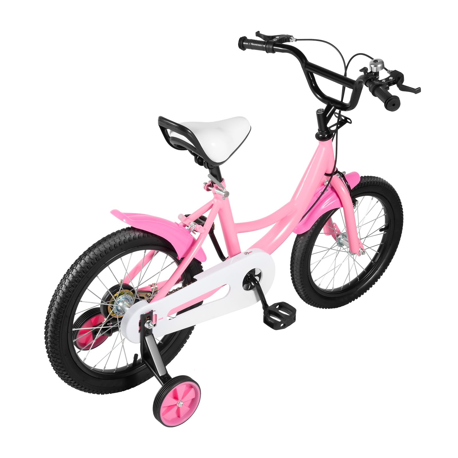 Vélo pour enfant de 16 pouces, en acier au carbone rose, réglable en hauteur, avec garde-boue, roues stabilisatrices amovibles, frein avant, frein arrière, pour garçons et filles de 4 à 8 ans