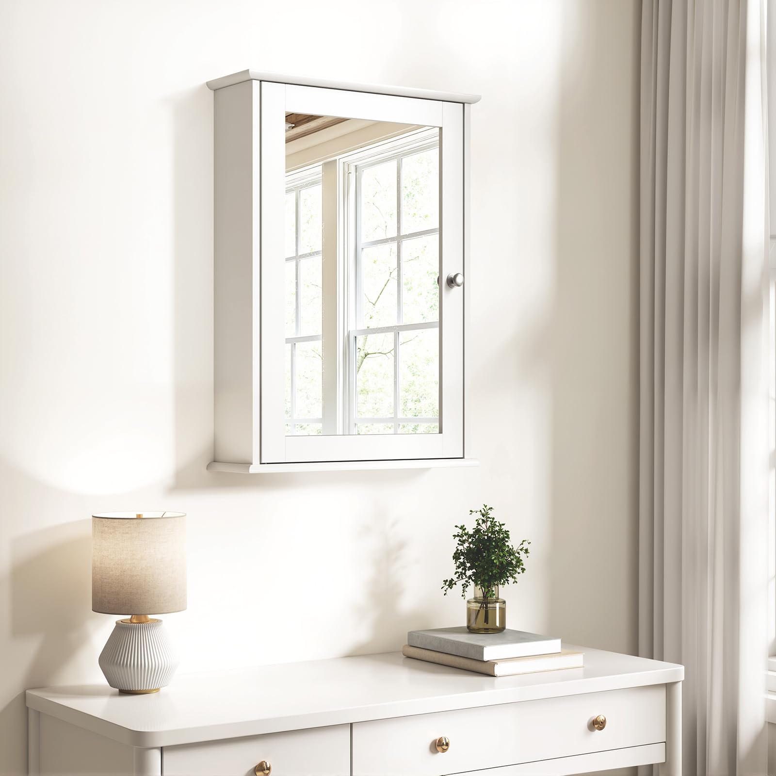 eSituro Armoire de Toilette, avec Porte Miroir, Étagère Réglable, Blanc, L x H x P 42 x 58,5 x 12 cm