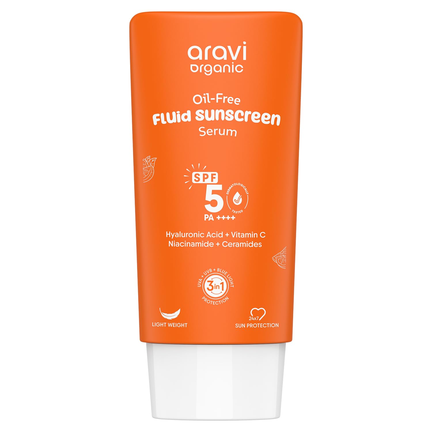 Aravi Organic Oil-Free Fluid Sunscreen Serum SPF 50++++ with Hyaluronic Acid, Vitamin C, Niacinamide & Ceramides | Lightweight, Non-Greasy, Chemical-Free | Protects from Sunburn & Tanning | 50ml