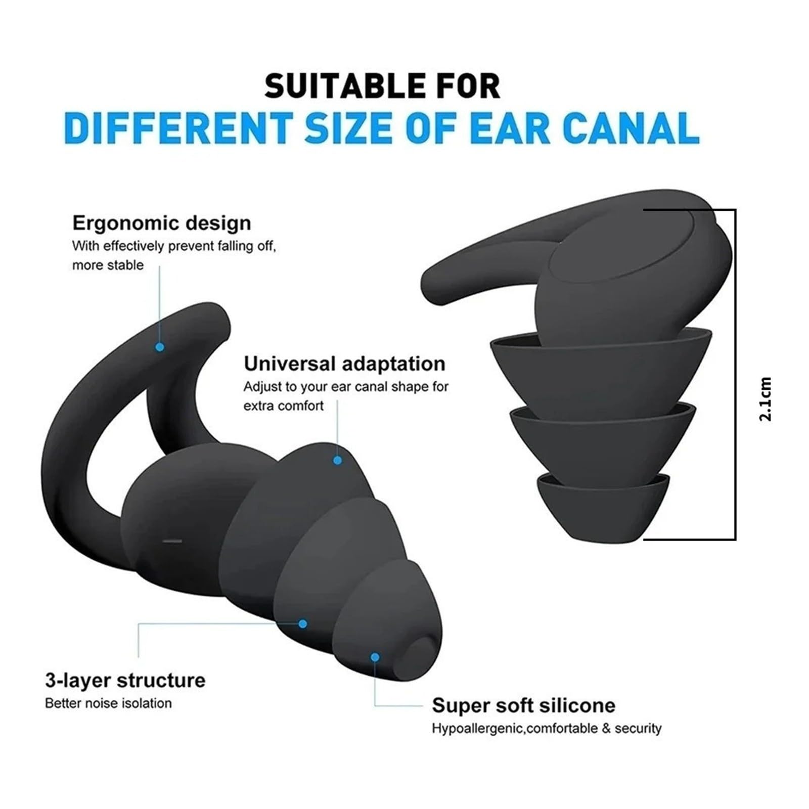 Bouchons d'oreilles en silicone souple 3 couches réutilisables antibruit pour voyage (gris)