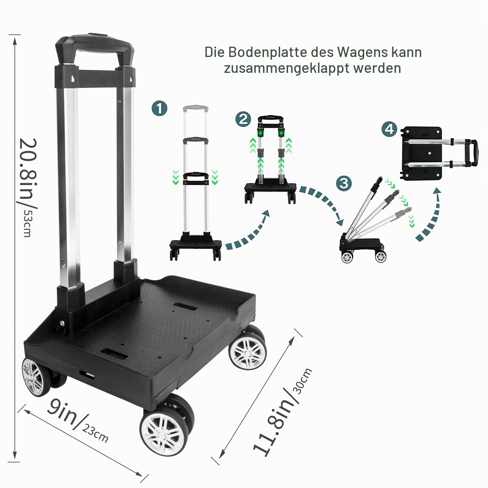 Rucksack Trolley Rollwagen, Faltbare Aluminiumlegierung Handkarre mit Randbasis, 4 Räder, Gepäckwagen mit Gepäckgurt für Kinder, Jugendliche, Erwachsene, Schule, Reisen, Black-L08