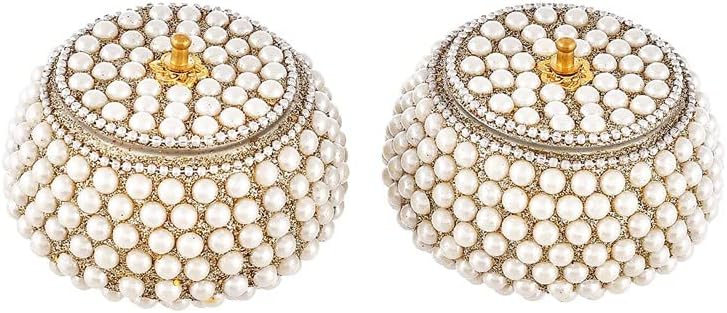 Sindoor dibbi Handicraft jewellry Box| Handcraft Sindoor Refilable Sindoor Box for Married Women Shadi Ka Gift || Sindoor Puja Aluminum Round Kumkum Box Dabbi for Women (Silver Moti 2 Pcs)