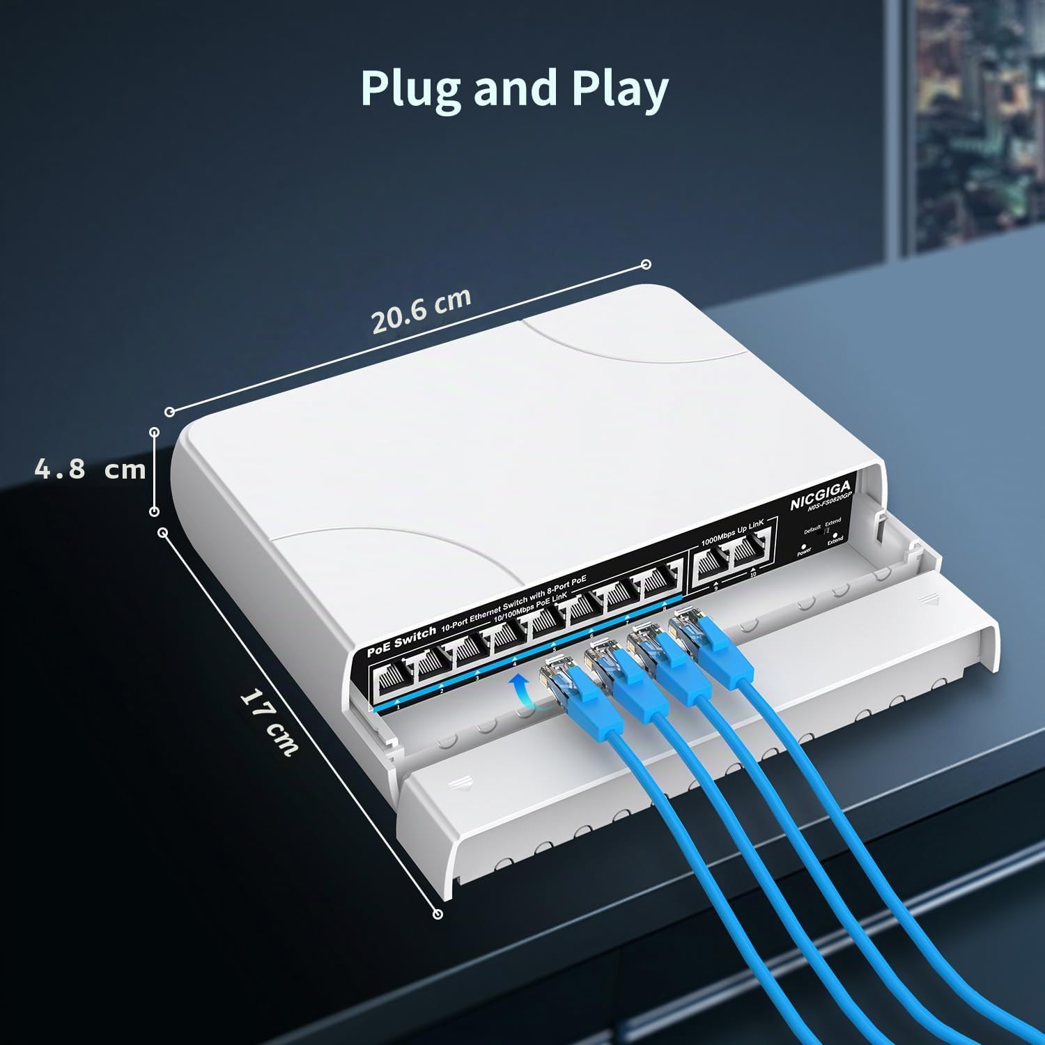 Conmutador PoE impermeable de 8 puertos con 8 puertos PoE+@120W + puerto Gigabit Uplink - NICGIGA Outdoor 10 puertos IEEE802.3af/at - Conmutador de alimentación Ethernet no gestionado con VLAN y