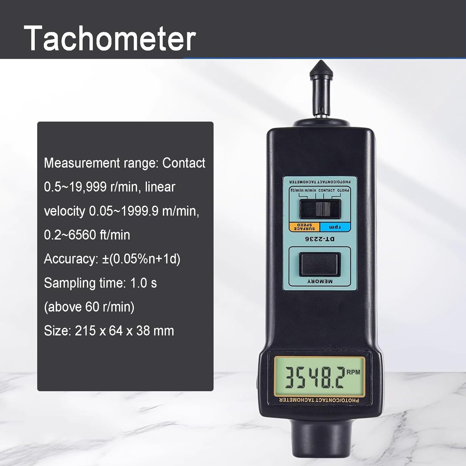 Tacómetro Digital, Comprobador De RPM con Foto (2,5-99.999 RPM), Contacto Portátil, Medición De Velocidad Lineal (m/min, Ft/min), con 4 Sondas, Pantalla LCD, para Motores Y Ventiladores.
