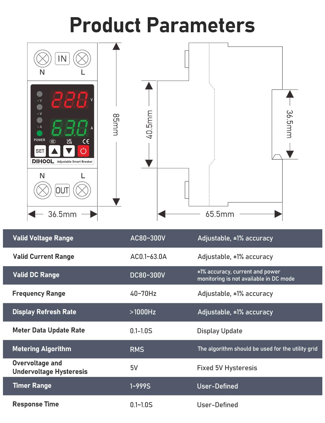 DIHOOL Smart Circuit Breaker with Adjustable Voltage Protection, 70-200V Low and 140-300V High Cutoff, 1-63A Overcurrent Protector, AC Disconnect Switch, DIN Rail Mount — Amazon image 2