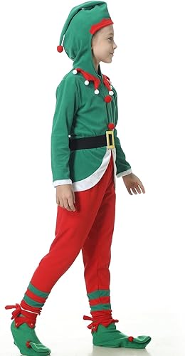 Miniatura 7 de Disfraz de elfo de Navidad, disfraz de elfo verde para niños y niñas, cosplay, fiesta familiar de Navidad con gafas y cinturón