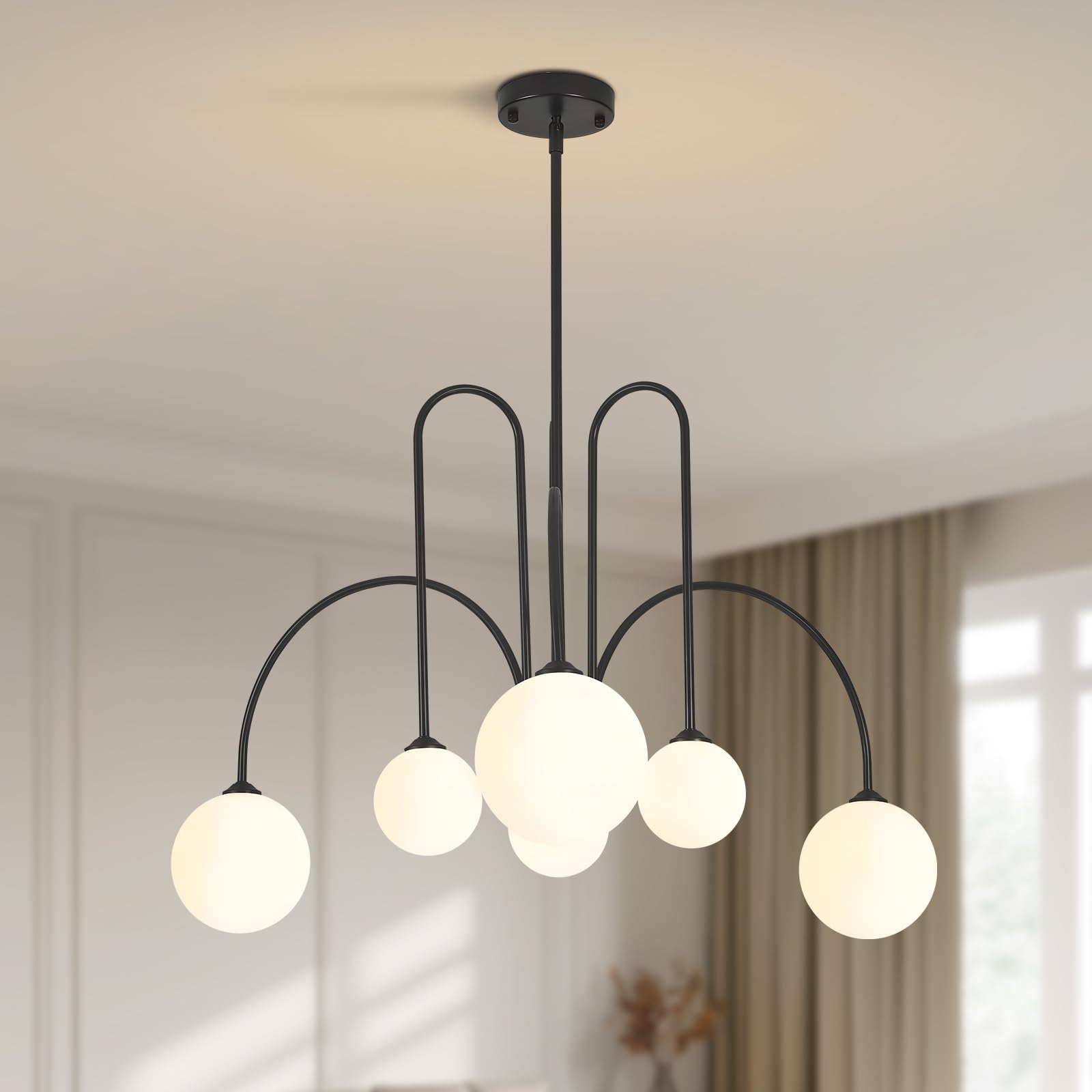 KCO Lighting Lampadario Sfere Soggiorno, Lampadario Sputnik 6 luci nero con Sfere in Vetro, Design Moderno per Sala da Pranzo, Camera da Letto, Ingresso e Cucina