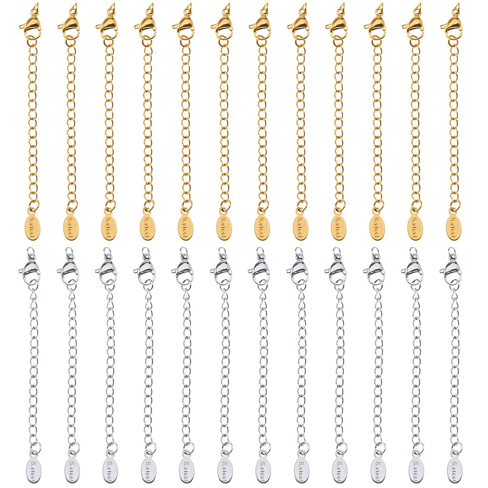 DICOSMETIC 24 pezzi 2 Colori Bracciale Extender Bulk Lunga Catena di Estensione in Acciaio Inox con Chiusura a Catena a Maglia e Catena in Metallo con Goccia d'acqua