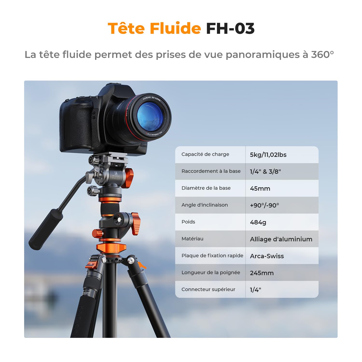 K&F CONCEPT Trépied Vidéo, 231cm Trépied Appareil Photo avec Tête Fluide Inclinaison à 90°/-90°, Horizontal à Colonne Centrale de Rotation à 360°, pour Caméra Vidéo,DSLR, Caméscope -T254A7