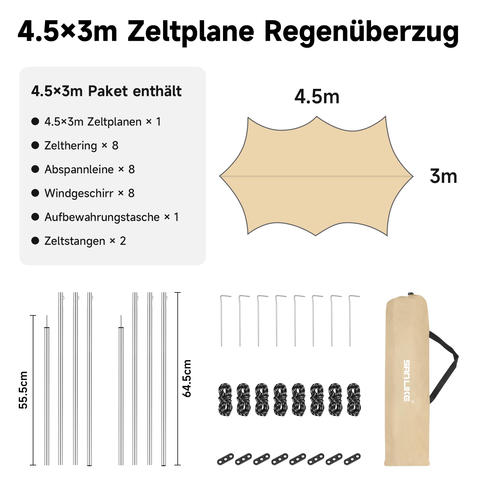 SANLIKE Telone ottagonale 3 per 4,5 m impermeabile ultraleggero esterni | Realizzato con rivestimento impermeabile PU 3000 mm, protegge da sole e pioggia, facile da trasportare per il campeggio.