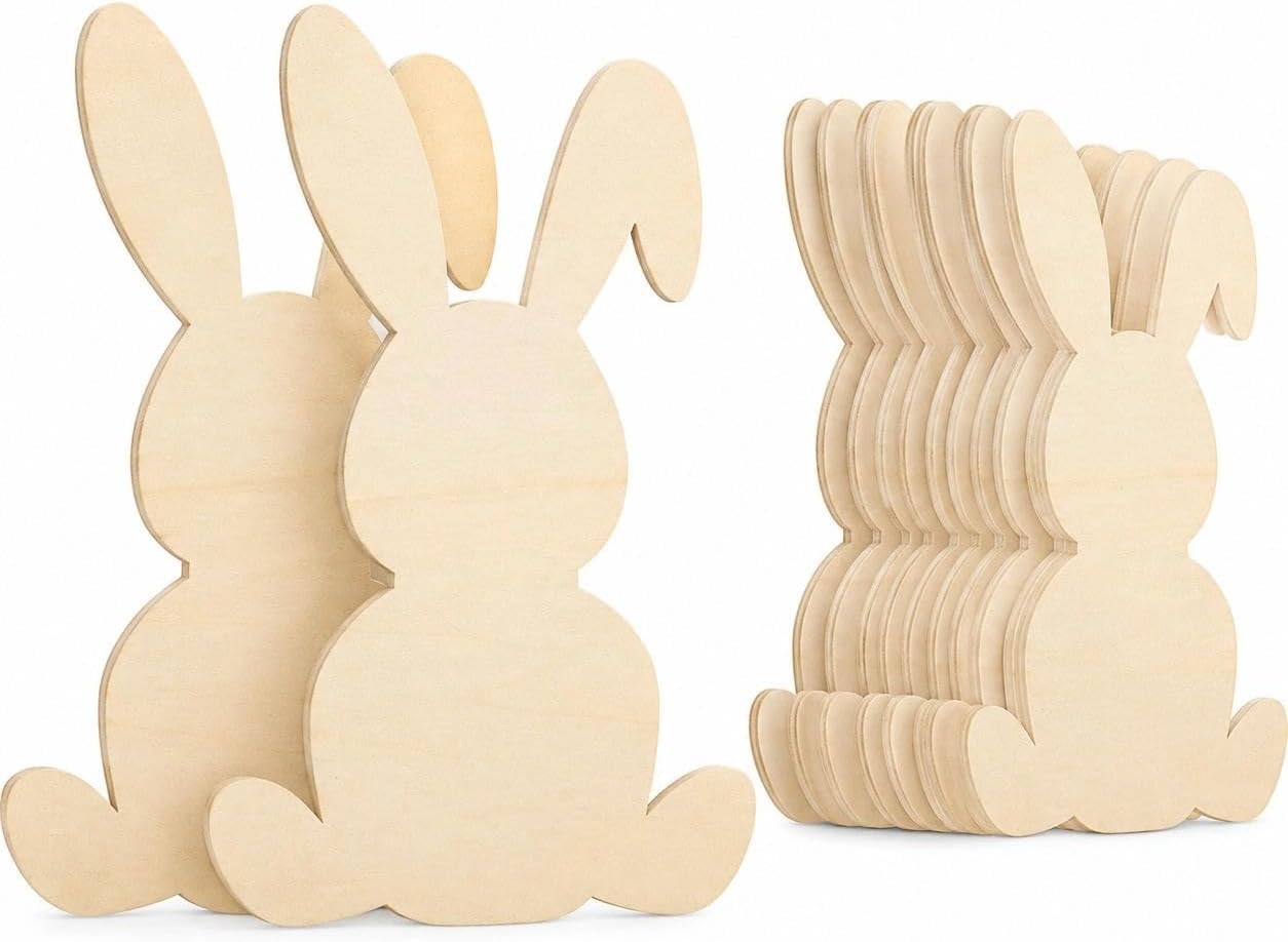 LUOZZY 10Pcs Easter Wooden Bunny Cutout Unfinished Wood Blank Rabbit Cutouts Spring DIY Paint Craft for Easter Party Favors
