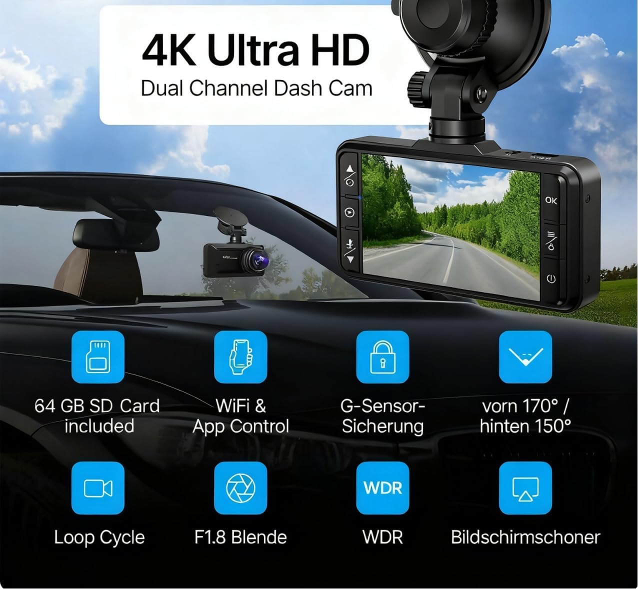 Osmo Dashcam Pro 2.0 mit 4K Vorne Hinten, 5.8GHz WiFi, kostenlose 64-GB-Karte, Dashcam mit Parküberwachung, 170° Weitwinkel, Parkmodus & Nachtsicht
