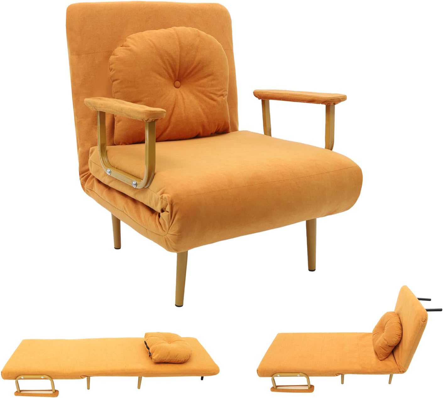 Folding Sofa Bed, Convertible Chair with 5-Position Adjustable Backrest & Pillow, 3 in 1 Sleeper Chair Bed for Living Room Bedroom Office (Orange)