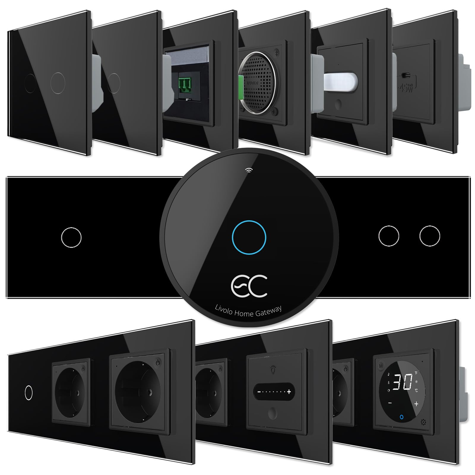 WLAN EC Touch Lichtschalter Berührungsschalter Dimmer Wechselschalter Rollladenschalter | Schuko Steckdose | Glas Panel Glasrahmen | App Steuerung | Schwarz (3-Fach EC Steckdose)