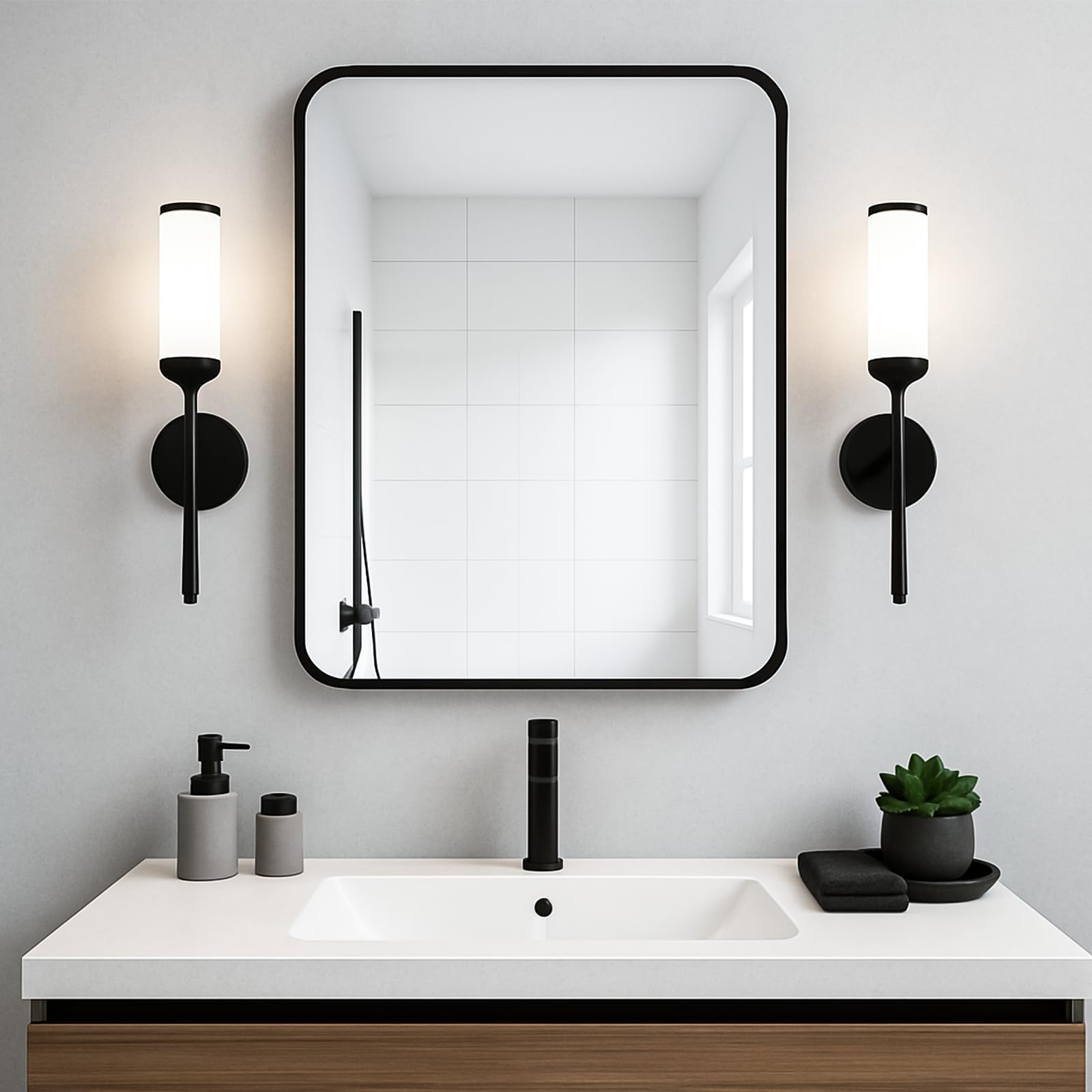 Bathroom Wall Mirror,55 x 75cm Rectangle Mirror,Wall Mounted Metal Framed Mirrors For Makeup Bedroom Entryway Bathroom Black