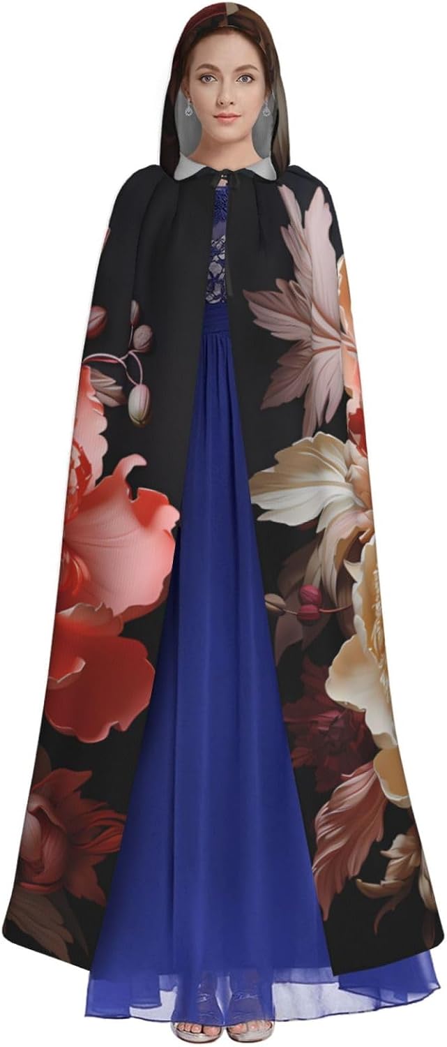 Unisex Full Length Hooded Halloween Christmas Party Robe Cloak Cape Cosplay Costume Men Women Brightly Colored Peonies Prints Black