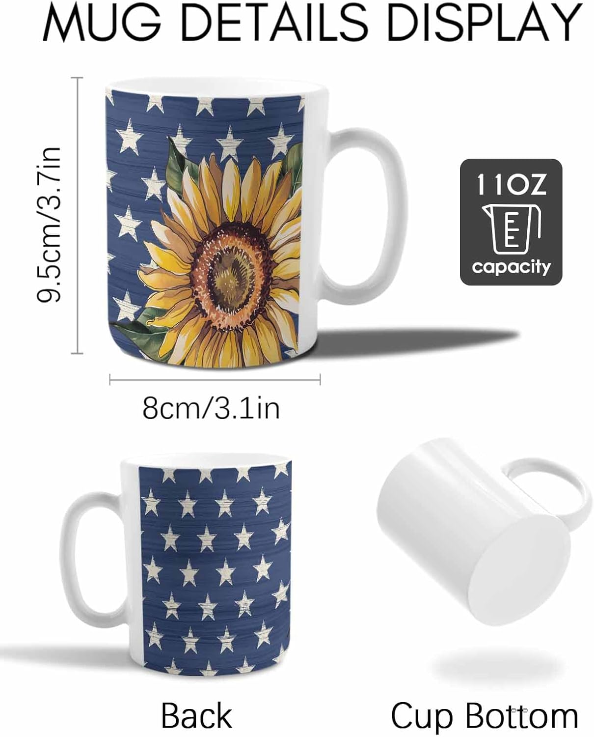 BEMIGO Ceramic Coffee Mug Summer Patriotic Star Ceramic Mug White Cup, Independence Day Insulated Coffee Cup with Handle with Pattern Perfect for Tea and Hot Beverages, 12oz