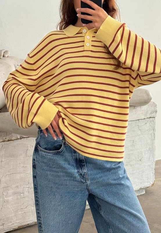 NUFIWI Womens Striped Rugby Polo Shirts Stripes Lapel V Neck Oversized Sweatshirts Y2K Loose Fit Collared Pullover Tunic Tops - Image 2