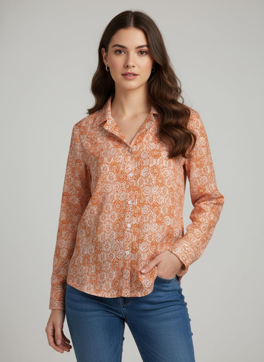 ANNI Designer Bedrucktes Damenhemd aus Baumwollmischgewebe, langärmelig, normale Passform, Hemdkragen, legere Bürokleidung, elegante Western-Kleidung für den Alltag, Hochzeit, Party
