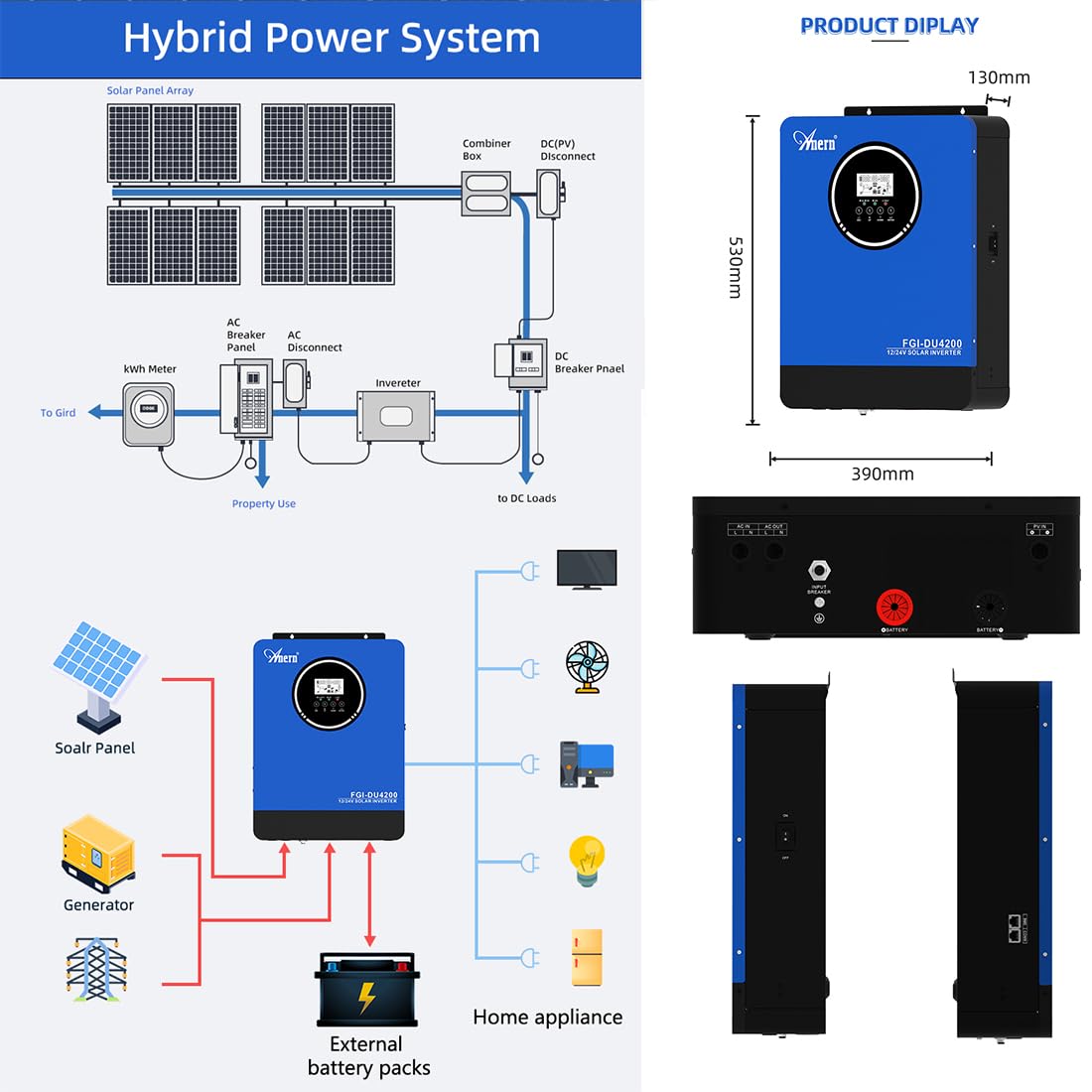 Anern Onduleur Hybride Solaire 4KW 2KW DC 12V/24V vers AC 220V/230V, Double Tension Onduleur Hors Réseau avec Chargeur Solaire MPPT 100A,BMS pour Communication avec Batteries,PV 55V-500VDC