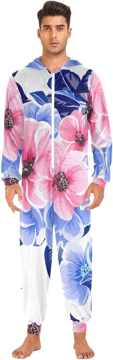 GAIREG Blue Pink Flowers Adult Womens Onesie Pajamas, Unisex Adult Onesie Christmas Pajamas
