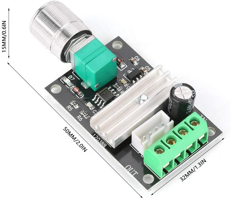 Dimensions of the Qinlorgo DC Motor Speed Controller, showing length 50mm, width 32mm, and height 15mm.