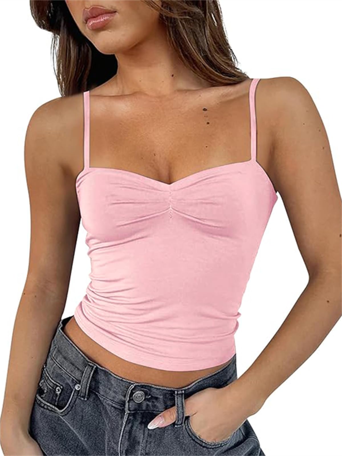 ForeFair Women Y2K Sweetheart Neck Sleeveless Crop Tank Tops Backless Spaghetti Strap Pleated Bustier Camis Going Out Top