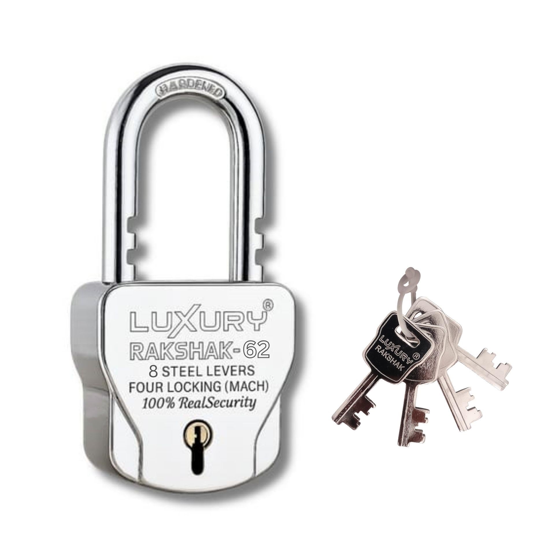 Luxury Rakshak Round Push Padlock 62mm 4 Keys, 9 Steel Levers Double Locking, Strong Hardened Corrosion Resistant Shackle Lock and Keys for Home Door Shutter Shop Office Main Gate Silver Chrome Finish-image-34