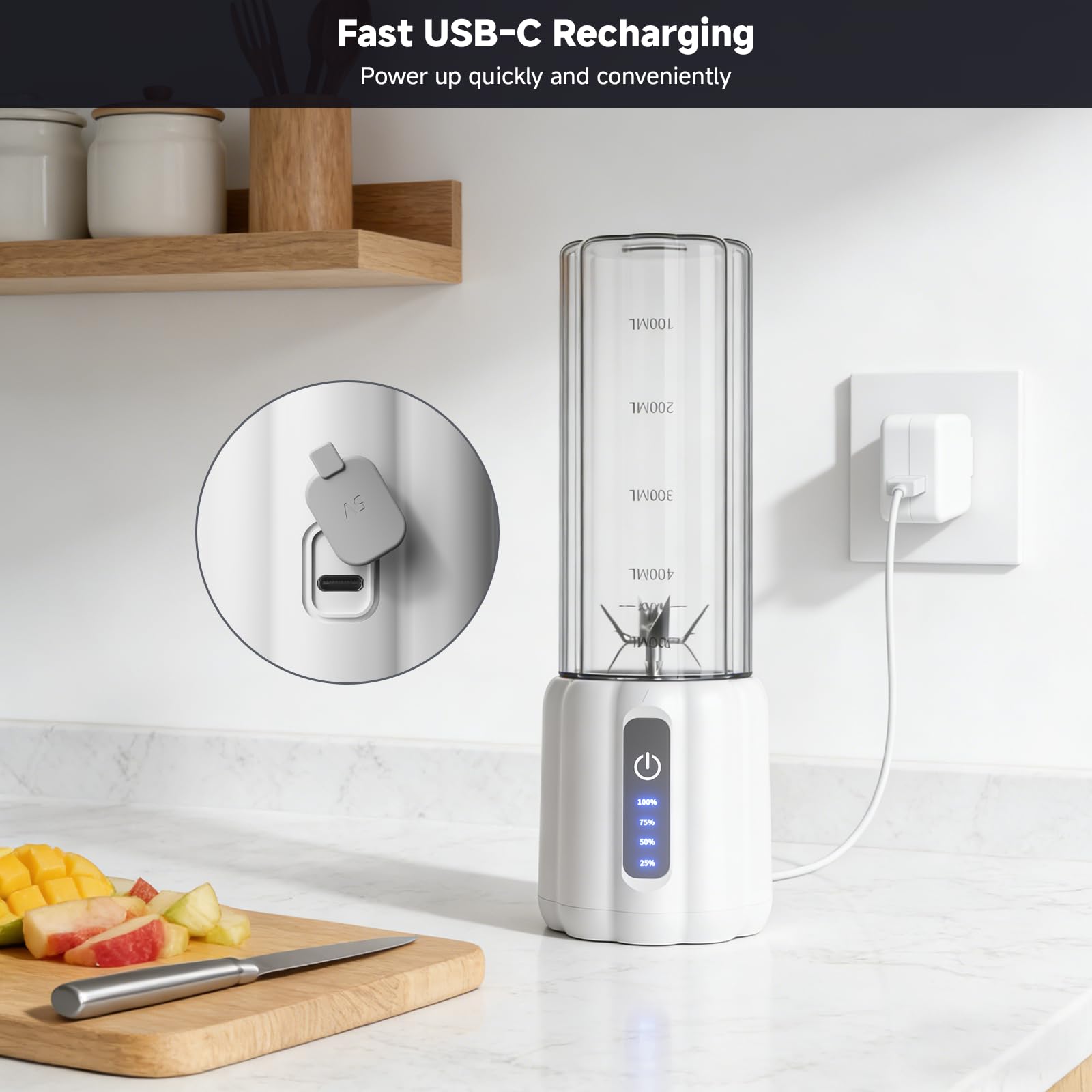 Batidora portátil, licuadora personal para batidos y batidos, pequeña batidora de jugo con pantalla LED, máquina de batidos recargable USB C con 6 cuchillas para cocina, exterior, gimnasio, 17