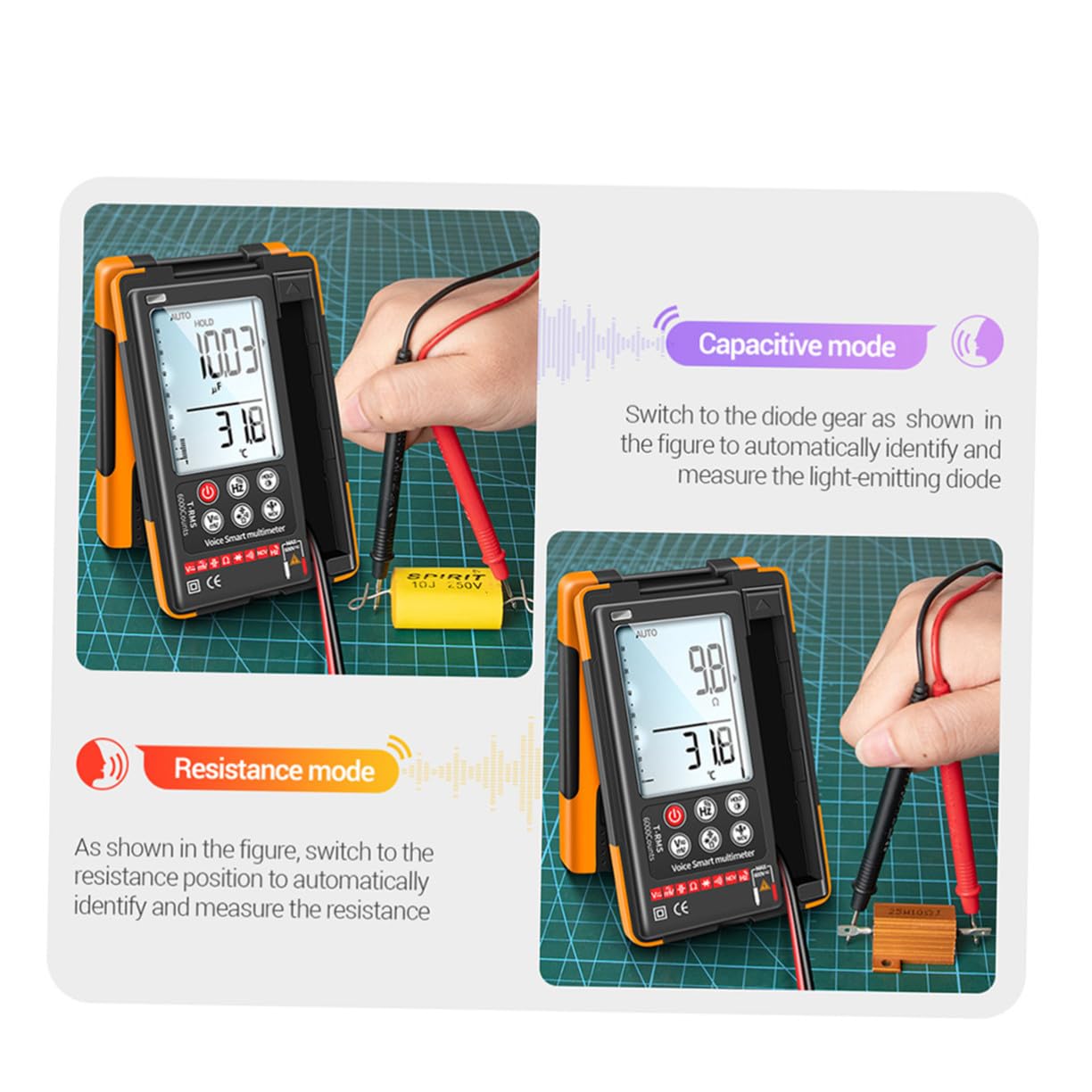Intelligent Voice Control Digital Multimeter with Backlight Operation High-Definition Display for Voltage Temperature Frequency and Diode Testing