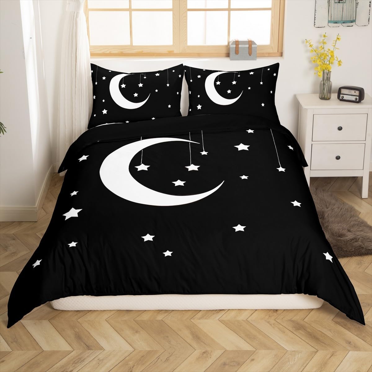 jejeloiu Moon Comforter Cover Toddler Kids Stars Pattern Bedding Set for Boys Girls Boho Bohemian Exotic Style White Black Duvet Cover Room Decor (No Comforter)