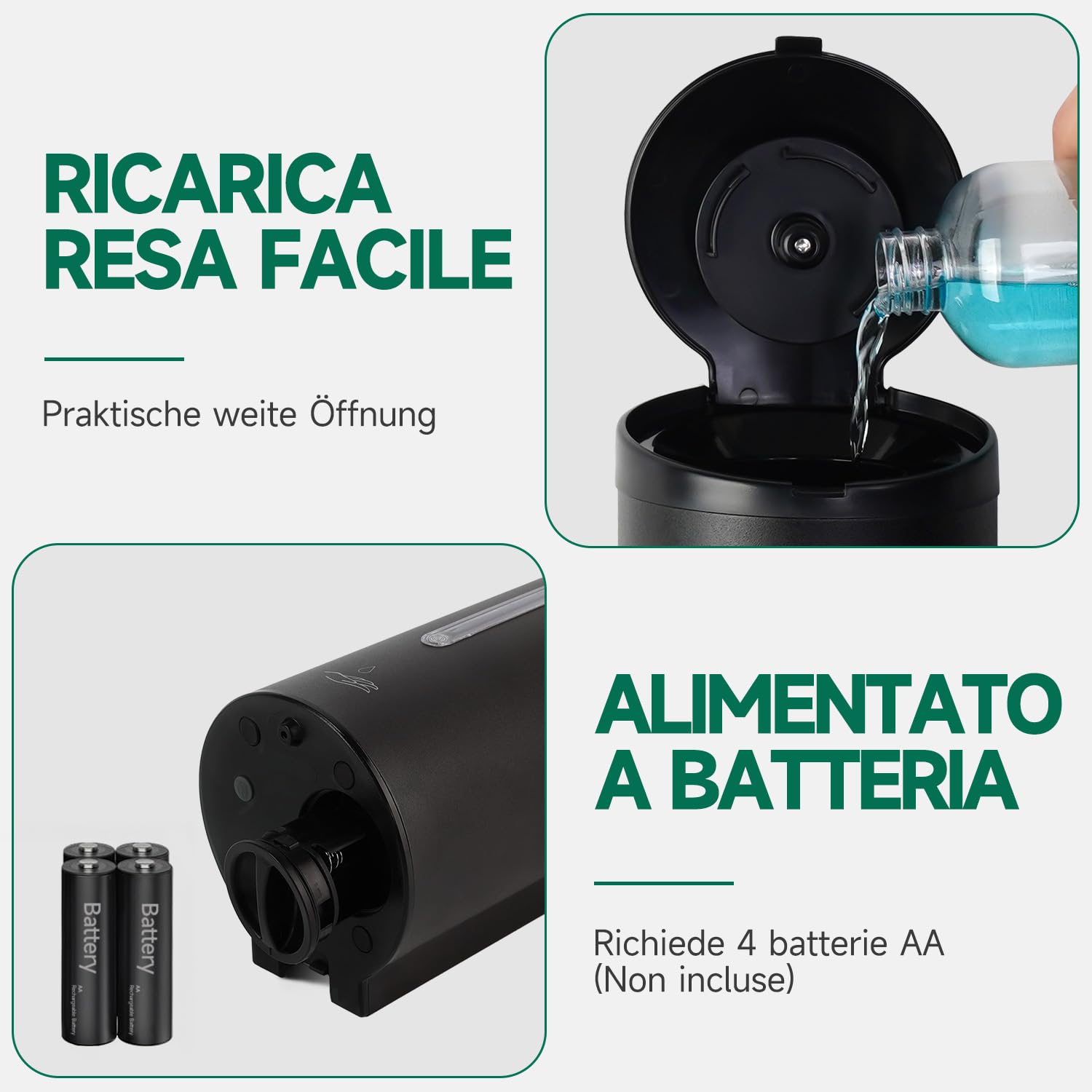 anydry Dispenser automatico a parete per sapone liquido anydry 750ml (uso commerciale) – Rivestimenti anticorrosione, Modello 1205E （Nero Opaco）