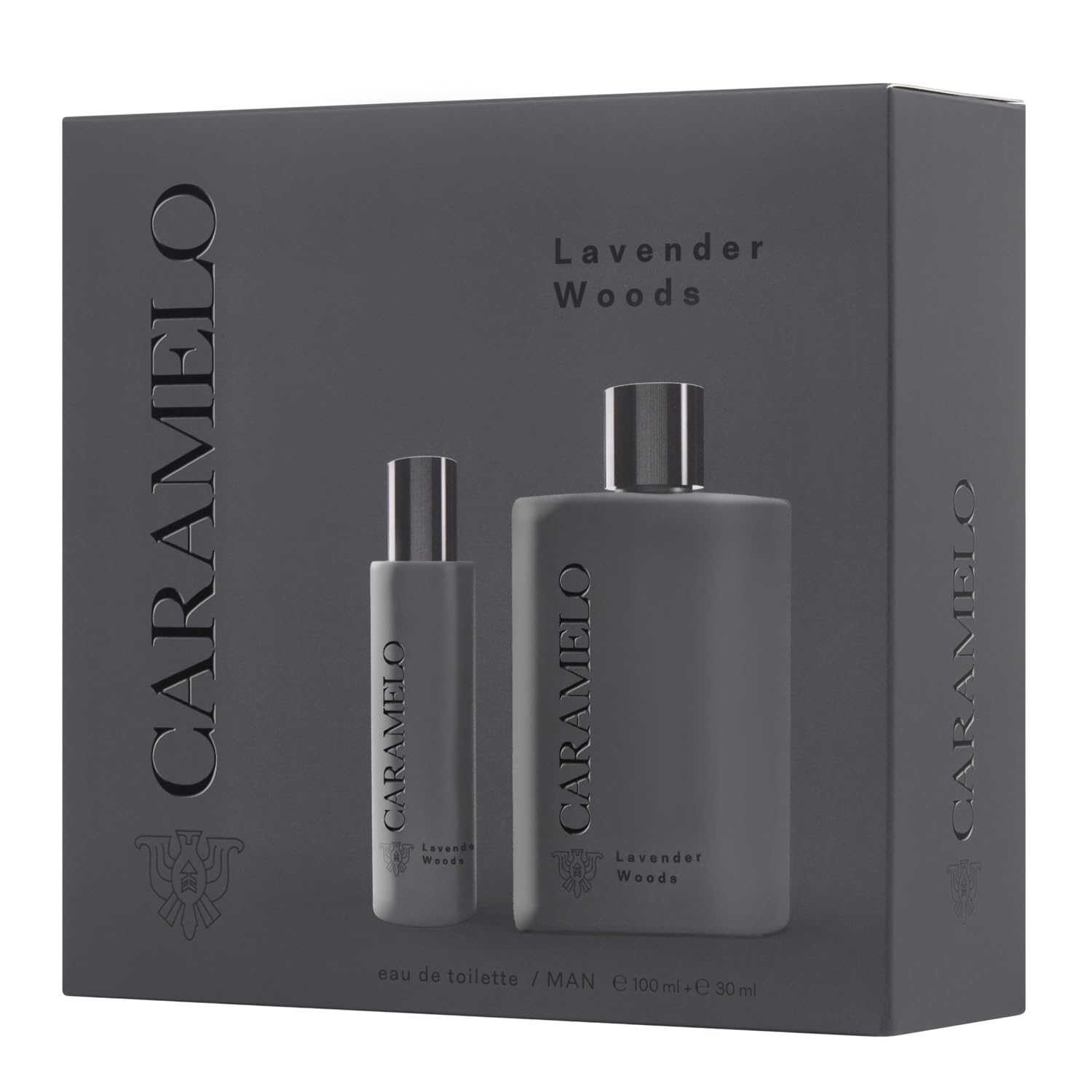 CARAMELO - Lavender Woods Estuche Regalo 100 + 30 ml, Colonia Hombre, Pack 2, Perfume Formato Spray, Eau de Toilette Natural y Masculina, Aroma Amaderado Especiado, Fragancia Fresca, Elegante