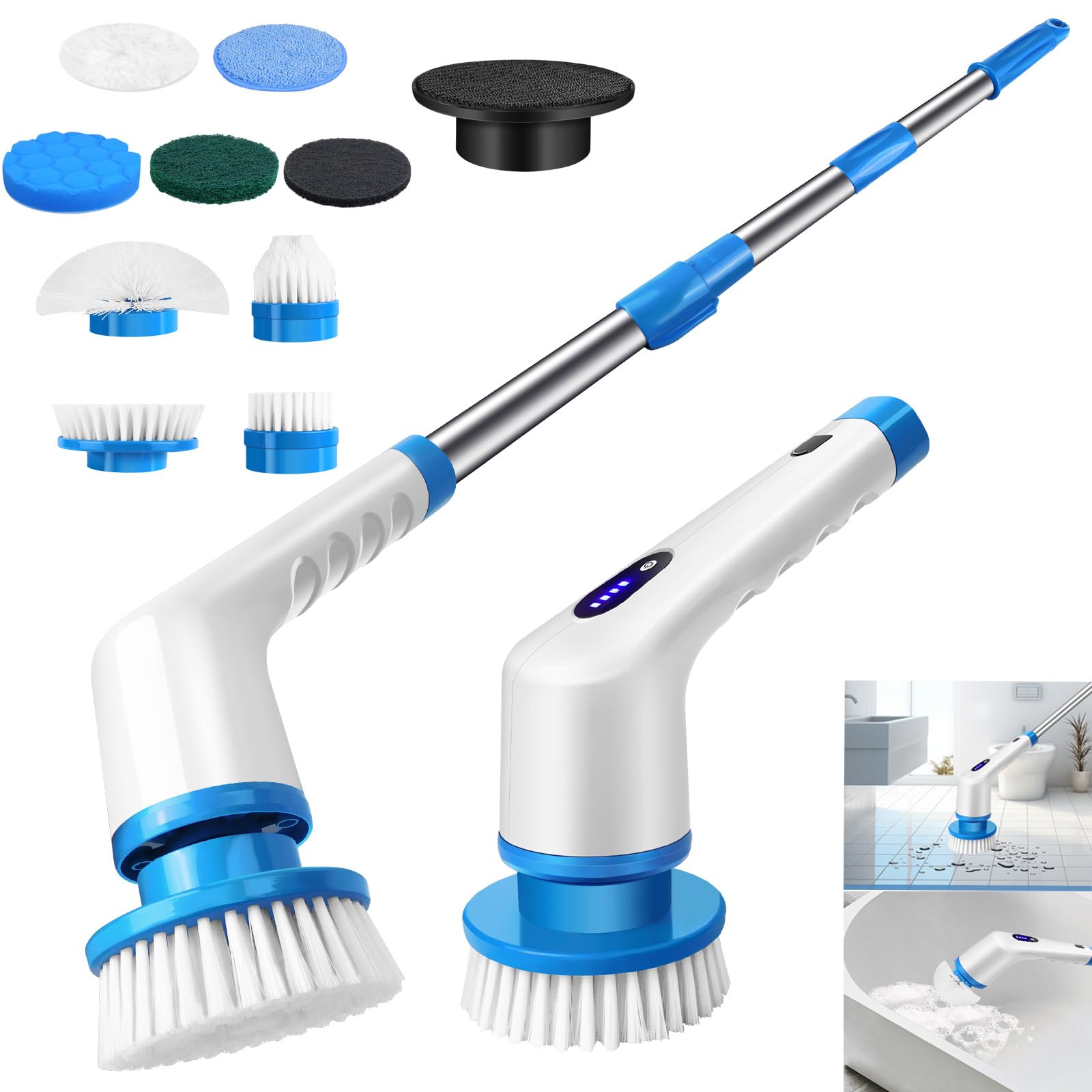 Electric Scrubber Power Cleaning Brush, Cordless Powerful Cleaning Brush for Cleaning Bathroom/Kitchen/Car/Window/Floor/Tile, Adjustable Extension Long Handle and 10 Replaceable Brush Heads, Blue