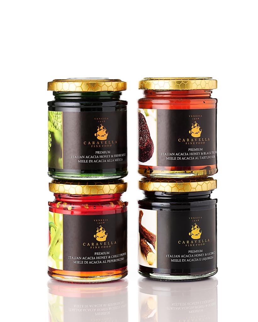 Caravella Fine Food - Pack x 4 Miel de Acacia con Chili 250 gr, Miel de Acacia con Trufa Negra 250 gr, Miel de Acacia con Menta 250 gr, Miel de Acacia con Regaliz 250 gr - Miel 100% Italiana
