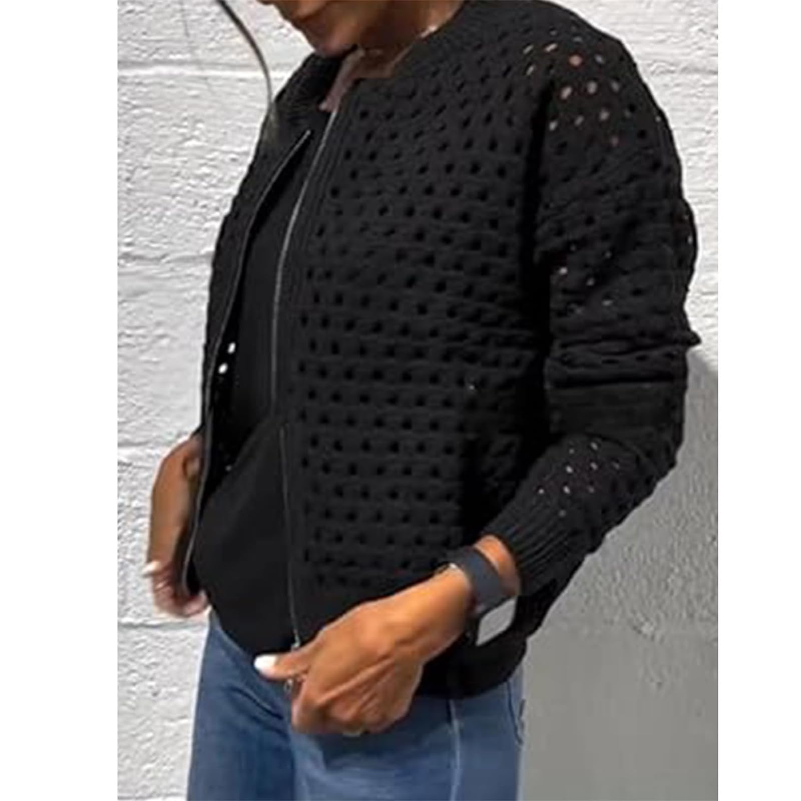 Giacca casual da donna con cerniera, maglia a rete all'uncinetto, scialle lavorato a maglia, cardigan leggero lavorato a maglia.