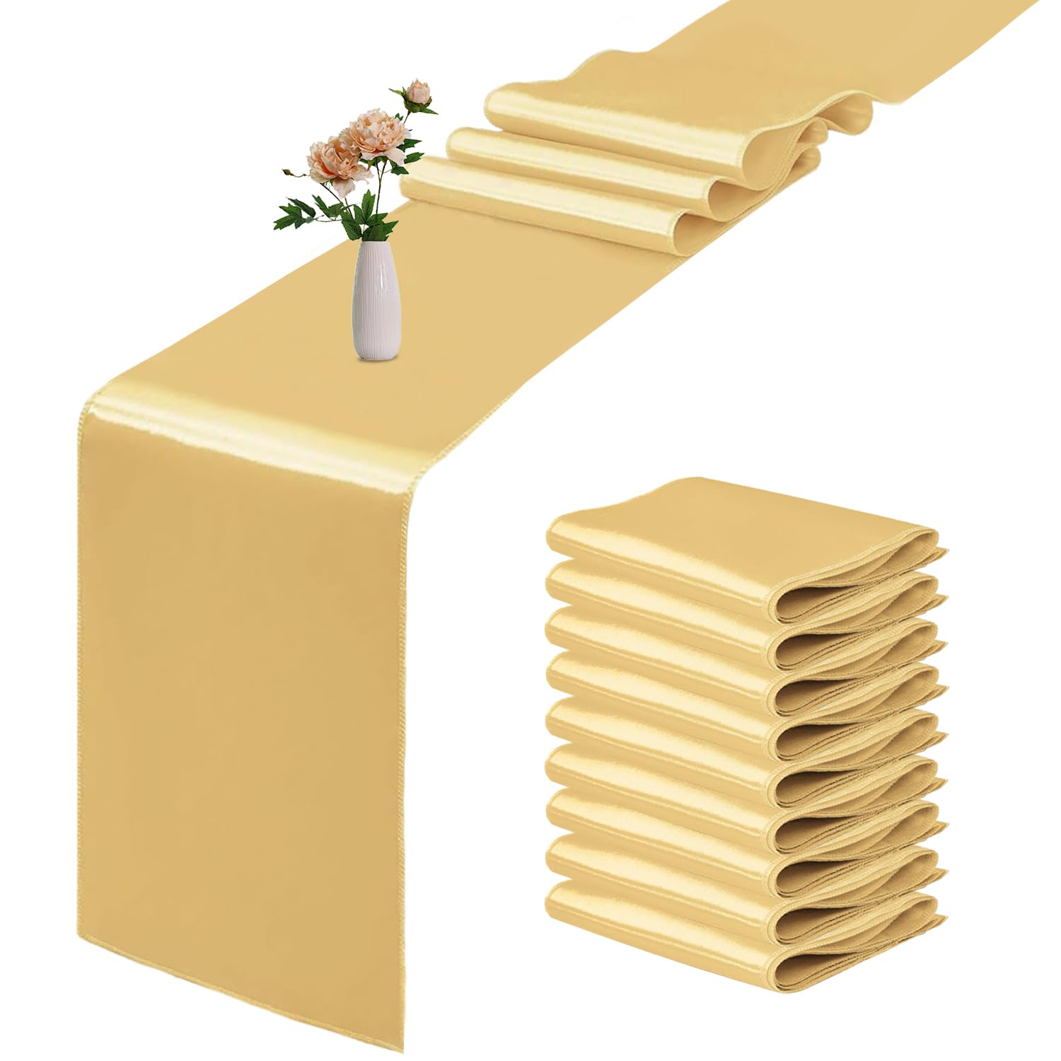 10 Pack Satin Table Runner 12 x 108 Inch Long Light Gold Smooth Silk Fabric Table Runner for Birthday Parties Wedding Banquets Decorations.