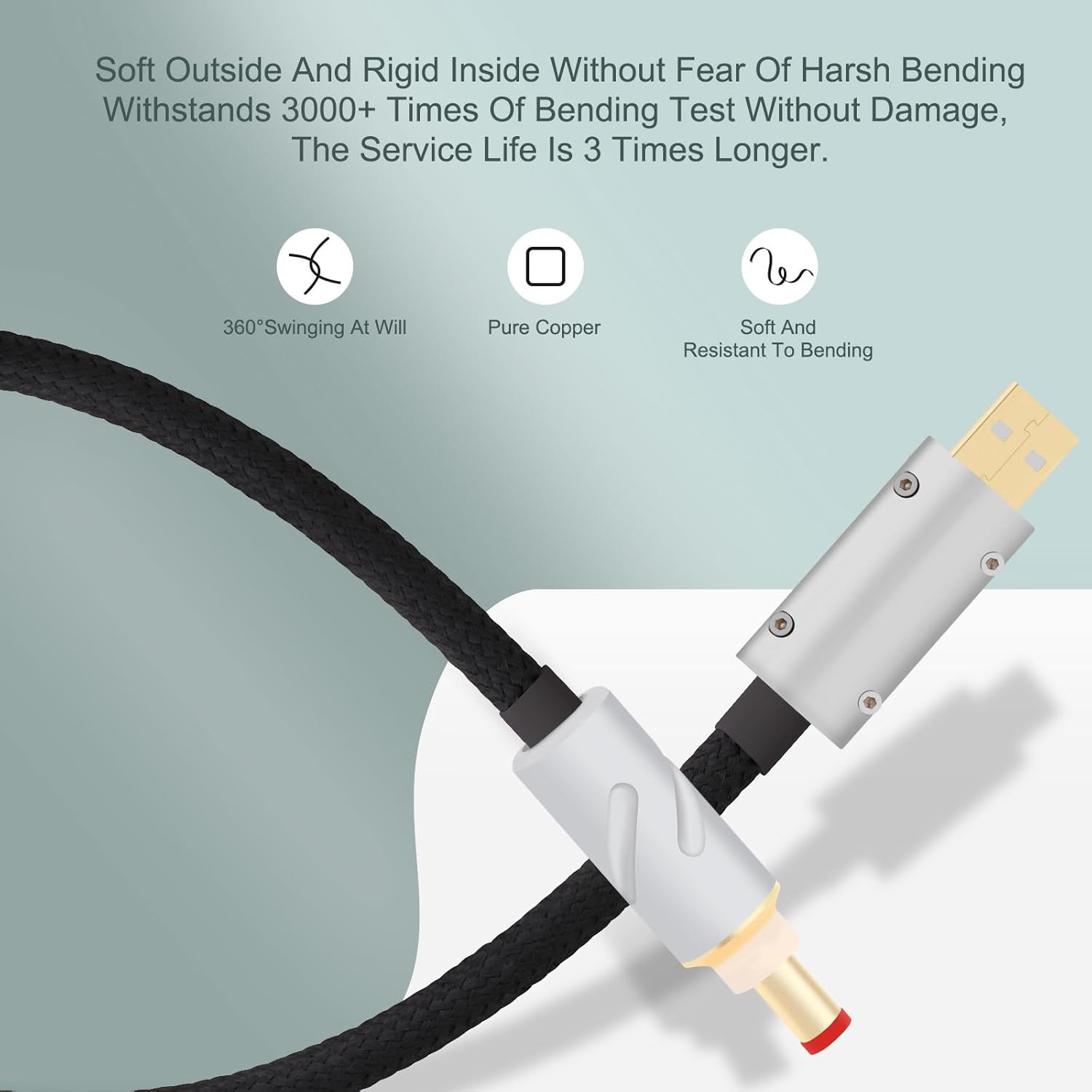 Monosaudio 14AWG USB to DC Power Cable 24K Gold Plated USB to 2.5mm DC Plug Audio Cable OCC Copper Silver Plated Audiophile DC Cable Linear USB Charger Cord- Fast Charging（1M/3.3Ft）