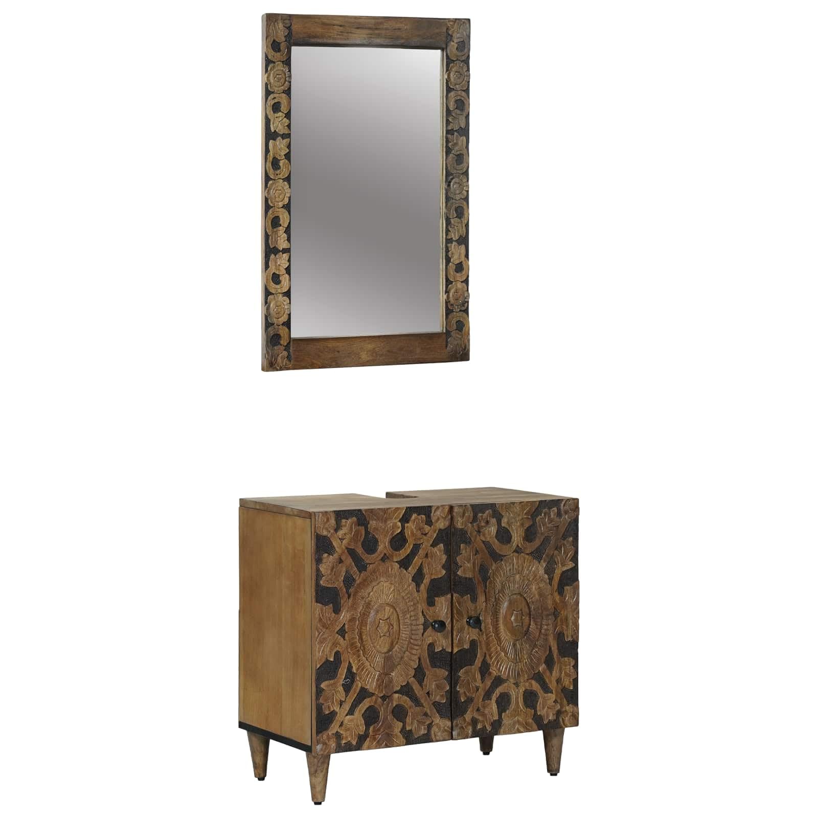 Muebles de baño de madera maciza de mango de 2 piezas con armario lavabo y espejo color marrón