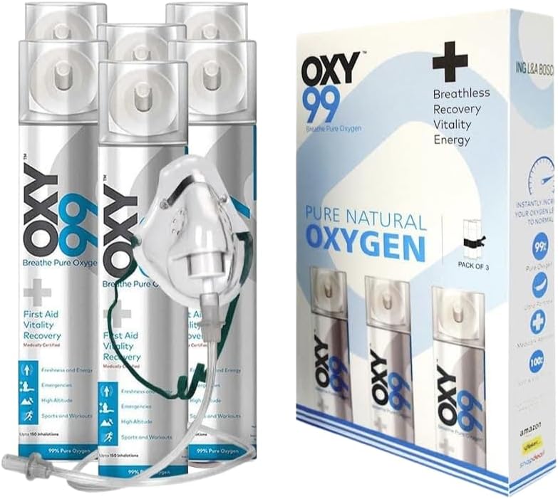 OXY99 Natural Oxygen Cylinder 6 Pack (36 ltr) with Mask, Tube & Elastic Strap - Oxygen Cylinder For Home, Oxygen Tank For Patients, Oxygen Can For Scuba Diving & Hiking Adventure, ING. BOSCHI ITALY